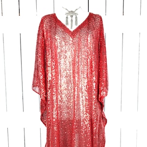 Red sequins kimono vneck caftan cover up tunic dress