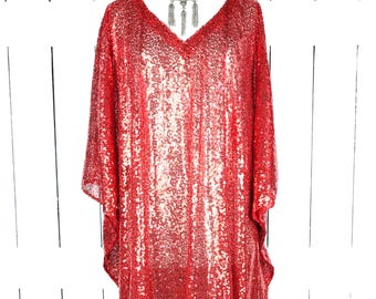 Vestido tipo túnica tipo caftán con cuello en V y kimono de lentejuelas rojas