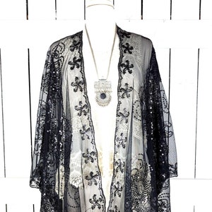 Black floral sequin sheer kimono cover up