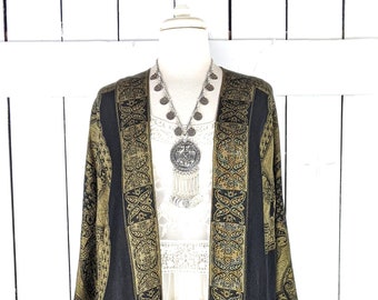 Black and gold tapestry pashmina kimono cover up jacket with custom regular and maxi lengths and optional fringe detail