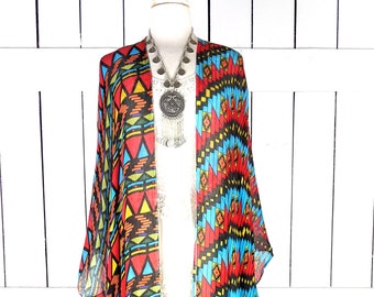 Sheer gauzy geometric Southwestern tribal kimono fringe cover up