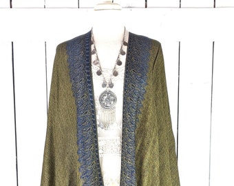 Gold and blue border paisley pashmina kimono cover up jacket with custom regular and maxi lengths and optional fringe detail