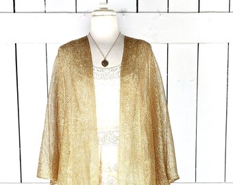 Gold metallic mesh kimono cover up jacket with custom sleeve and fringe detail