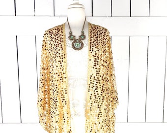 Gold round sequin kimono cover up fringe jacket