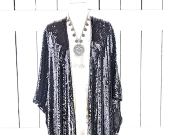 Sequin Kimono Cover Up - Black Maxi Duster, Handmade