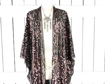 Brown black round sequin kimono cover up jacket in short or maxi lengths with custom fringe detail options