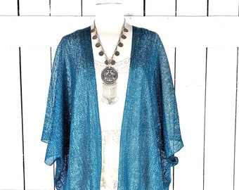 Blue metallic mesh kimono cover up jacket with custom sleeve and fringe detail