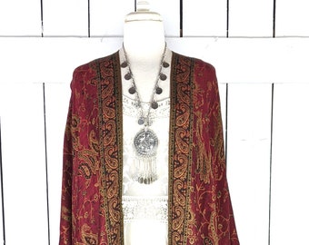 Handmade Burgundy Paisley Pashmina Kimono Jacket with Fringe