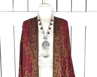 Burgundy paisley pashmina kimono cover up jacket with custom regular and maxi lengths and optional fringe detail