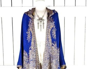 Hooded Paisley Pashmina Kimono Jacket - Blue Floral Fringe Cover Up