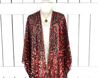 Red black round sequin kimono cover up jacket in short or maxi lengths with custom fringe detail options