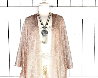 Rose gold metallic mesh kimono cover up jacket with custom sleeve and fringe detail