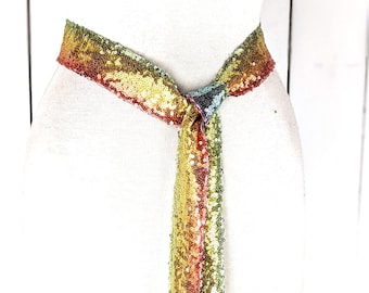 Multi color sequins skinny long sash tie necklace choker belt
