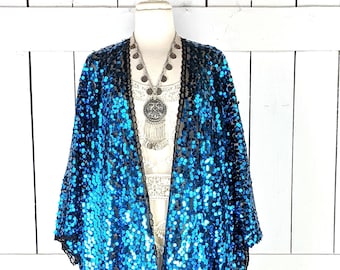 Blue black round sequin kimono cover up jacket with custom length and fringe detail