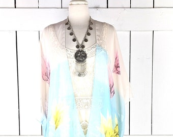 Pastel blue yellow wildflower floral lightweight chiffon kimono cover up