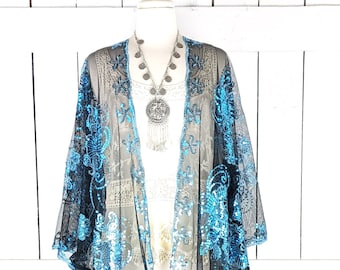 Blue and black floral sequin sheer kimono cover up jacket in short or maxi lengths with custom fringe detail options