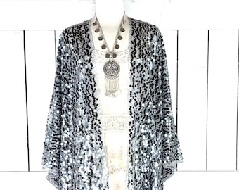 Silver grey round sequin kimono cover up jacket in short or maxi lengths with custom fringe detail options