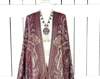 Burgundy tribal paisley pashmina kimono cover up jacket with custom regular and maxi lengths and optional fringe detail