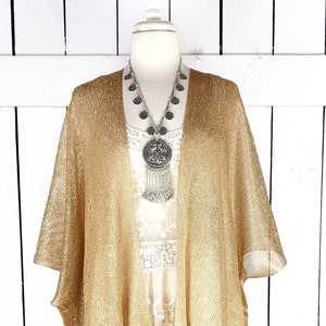 Gold metallic mesh kimono cover up jacket with custom sleeve and fringe detail image 6