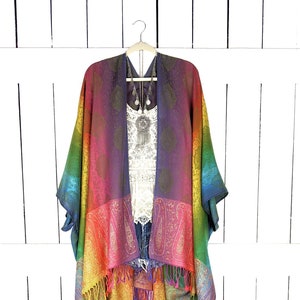Rainbow striped paisley floral pashmina kimono cover up