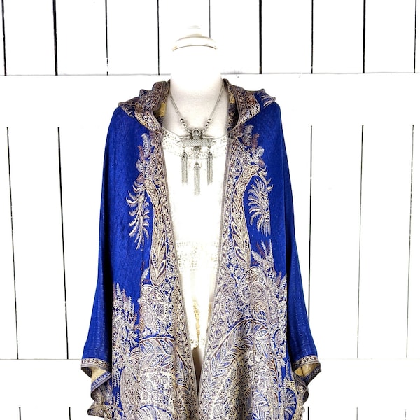 Hooded blue floral paisley pashmina kimono cover up jacket with custom length and fringe detail