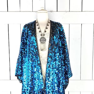 Blue black round sequin kimono cover up jacket with custom length and fringe detail