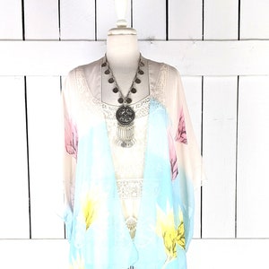 Pastel blue yellow wildflower floral lightweight chiffon kimono cover up