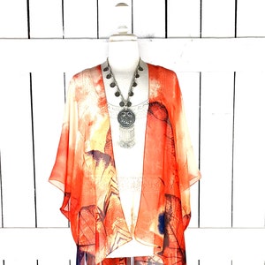 Orange leaf print lightweight chiffon kimono cover up