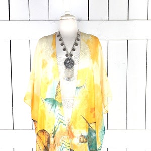 Orange yellow leaf print lightweight chiffon kimono cover up