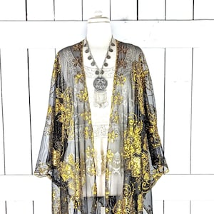 Gold schwarze florale Pailletten Kimono Jacke in kurzen oder Maxi Längen mit benutzerdefinierten Fransen Detailoptionen
