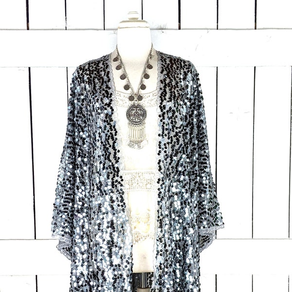 Silver grey round sequin kimono cover up jacket in short or maxi lengths with custom fringe detail options