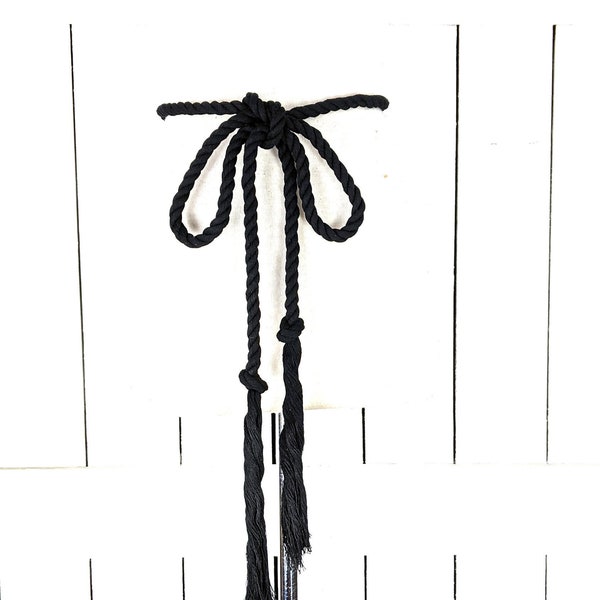 Black long woven braided rope knotted tassel chord tie belt