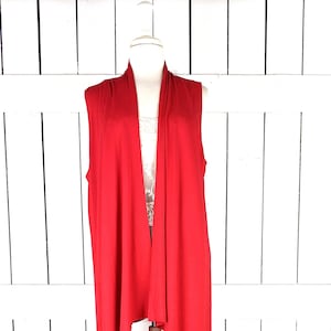 Red stretch jersey knit long duster asymmetric high low sleeveless cardigan vest