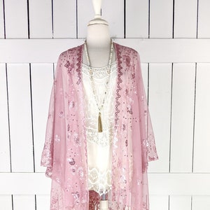 Mauve pink sheer net sequin floral kimono cover up