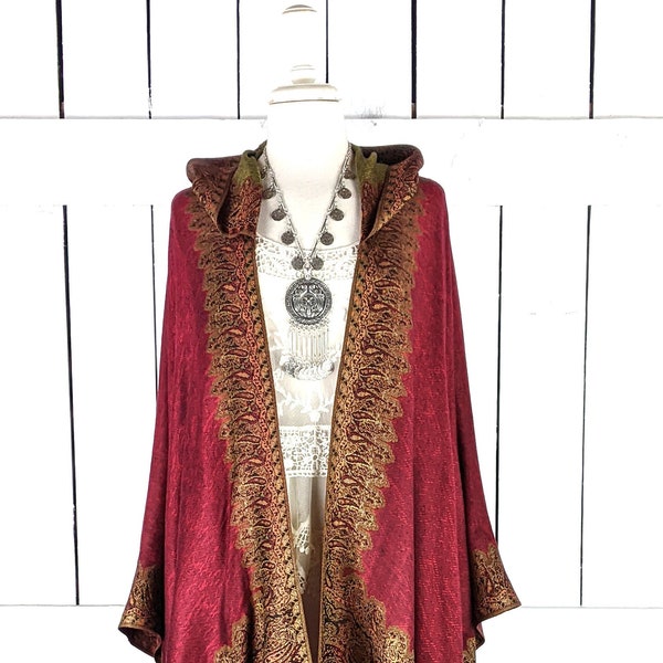 Hooded burgundy and gold border paisley pashmina kimono cover up jacket with optional fringe detail