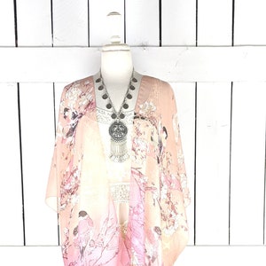 Peach and pink Japanese cherry blossom bird print sheer chiffon kimono