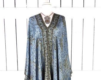 Steel blue and gold paisley pashmina tunic caftan cover up dress with custom length and fringe detail