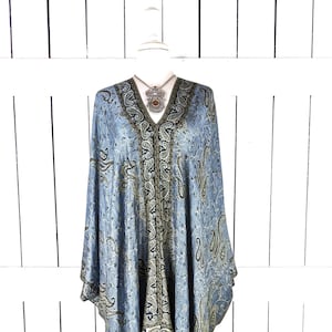 Steel blue and gold paisley pashmina tunic caftan cover up dress with custom length and fringe detail
