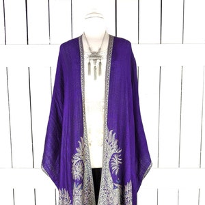 Purple floral reversible pashmina kimono cover up jacket with custom lengths and fringe detail image 5