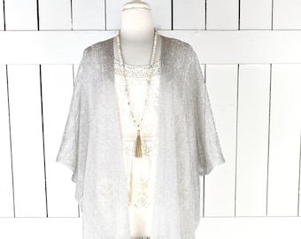 Silver metallic mesh kimono cover up jacket with custom sleeve and fringe detail