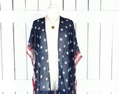 American USA flag print sheer gauzy kimono cardigan cover up USA Fourth of July Memorial Day United States flag top duster sml plus one size