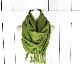 Green paisley pashmina tassel fringe infinity  loop scarf