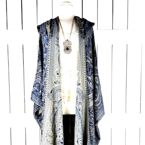 Hooded maxi blue tribal pashmina kimono cover up jacket with custom length and fringe detail