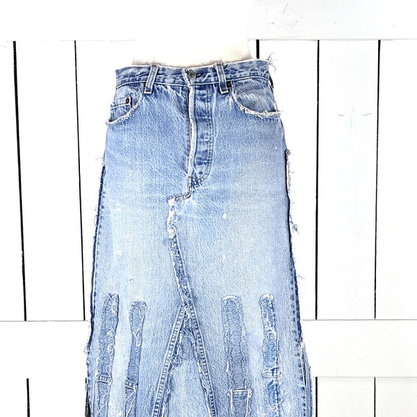 Custom patchwork 70s style long cotton denim jean boho skirt custom length and denim color