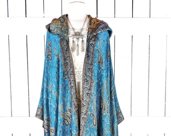 Hooded blue and gold pashmina kimono cover up jacket with custom length and fringe detail