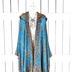 Hooded blue and gold pashmina kimono cover up jacket with custom length and fringe detail