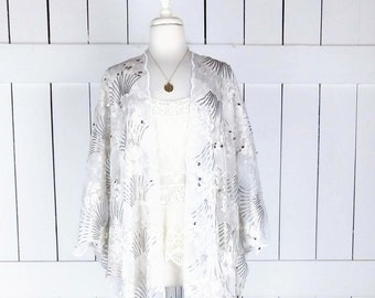 White sequin beaded kimono cover up jacket with custom fringe detail option