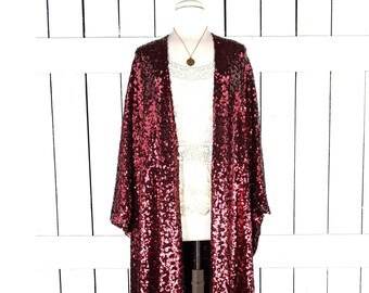 Red stretch sequin maxi kimono cover up