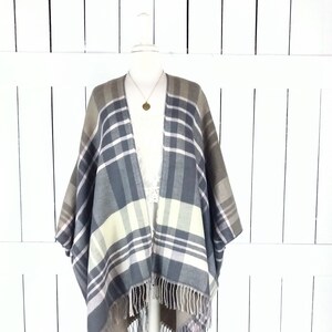 Plaid woven fringe blanket kimono cover up/tartan checker cardigan wrap/boho festival blanket shawl/one size