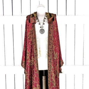 Hooded maxi burgundy paisley pashmina kimono cover up jacket with custom length and fringe detail